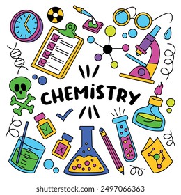 Chemistry symbols icon set. Science subject doodle design. Education and study concept.
