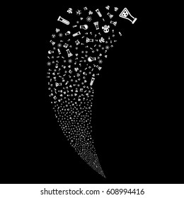 Chemistry Symbols random fireworks stream. Vector illustration style is flat white iconic symbols on a black background. Object fountain constructed from scattered pictograms.