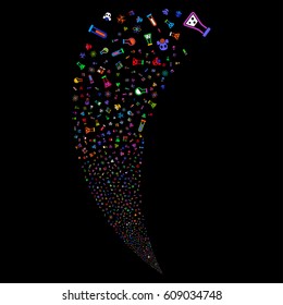 Chemistry Symbols random fireworks stream. Vector illustration style is flat bright multicolored iconic symbols on a black background. Object fountain made from scattered pictograms.