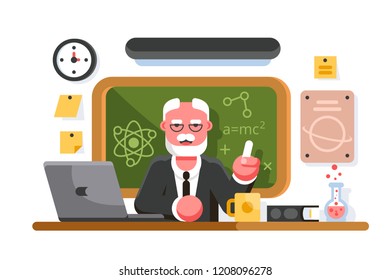 Chemistry teacher in classroom on blackboard background. Professor in classroom. Education concept. Flat. Vector illustration.