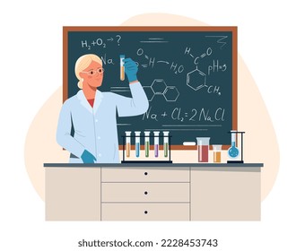Chemistry teacher concept. Woman in glasses with test tube next to blackboard with formulas. Education, learning and training, experiments in laboratory, lesson. Cartoon flat vector illustration