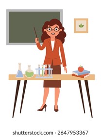 Chemistry teacher conducts an exciting lesson in the classroom with colorful laboratory equipment. Vector illustration in flat style.