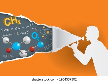 Chemistry  teacher, Distance learning Mathematics, Online education concept.
Male silhouette silhouette with megaphone ripping paper with chemical symbols and notes. Vector available.