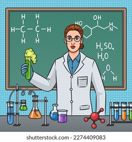 Chemistry teacher in chemistry lab conducting an experiment with liquids in glass flasks pinup pop art retro vector illustration. Comic book style imitation.