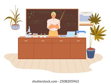 Chemistry teacher over science classroom interior vector illustration