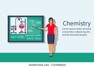 Chemistry teacher with pointer standing in front of blackboard. University professor giving lecture. Presentation of scientific discovery with formulas illustrations. Vector flat design. 