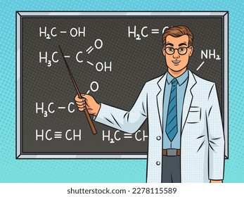 Chemielehrer zeigt chemische Rezepte an der Schwarzen Tafel Pop Art Retro Vektorgrafik. Comic-Buchstil-Imitation.