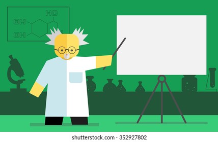 Chemistry teacher shows on board. Vector flat. Stock illustration