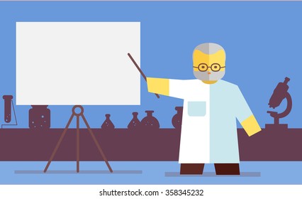 Chemistry teacher shows on board. Vector flat. Stock illustration