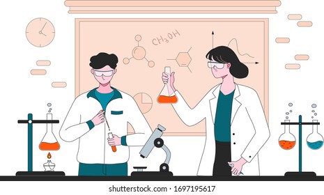 Chemistry teacher and student in safety goggles doing experiments at laboratory vector illustration. Doing research and experiments at medical lab with special equipment flat style concept