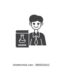 Chemistry teacher vector icon. filled flat sign for mobile concept and web design. Man teacher with chemistry book glyph icon. Symbol, logo illustration. Vector graphics