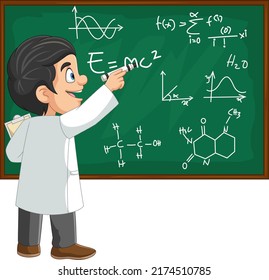 Chemistry teacher writing chemical reactions on blackboard