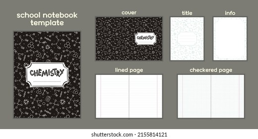 Chemistry. Template to print School notebook or Chemistry textbook. Hand-drawn Chemical formulas. Blanks for checkered and lined pages. Frame for educational or scientific poster. Vector illustration