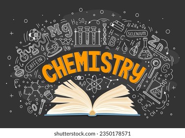 Libro de texto sobre química y fórmulas en pizarra. Enseñanza de vectores y fondo de pizarra de ciencias con libro abierto para clases de estudiantes y estudio con tiza de elementos de laboratorio químico