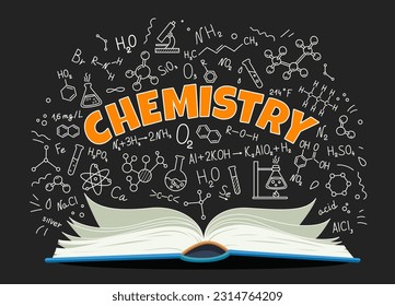 Libro de texto y fórmulas de química, educación escolar y antecedentes de vectores de estudio. Libro de química con doodle de tiza de fórmulas químicas y tubos de ensayo de laboratorio para estudios de estudiantes