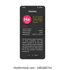 Chemistry textbook smartphone interface vector template. Mobile app page black design layout. Chemical element properties description screen. Flat UI for application. School subject phone display