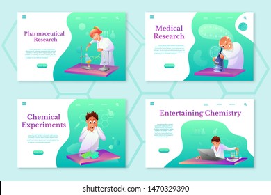Chemistry theme landing pages set. Scientific lab workers flat illustrations set. Medic testing cure in medical laboratory. Biologist looking in microscope. Biochemist making researches