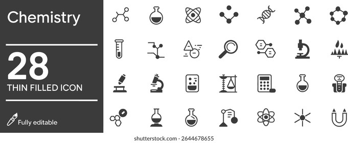Chemistry thin filled icon set for science and laboratory research