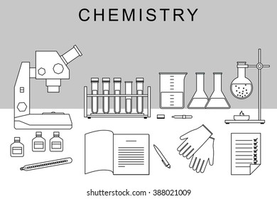Chemistry thin line banner with icons of scientific and chemical equipment.