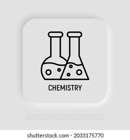 Icono de línea delgada de química: dos vasos con líquido. Ilustración vectorial moderna.