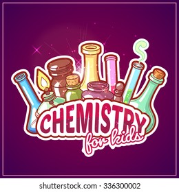 Chemistry title with chemical flasks on a dark background for poster design. Vector clip-art illustration