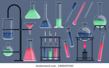 Herramientas de química. Equipo de laboratorio químico de caricatura, equipo de investigación científica, equipo de laboratorio de productos farmacéuticos y biología. Conjunto aislado de vectores. Educación en la escuela, análisis químico