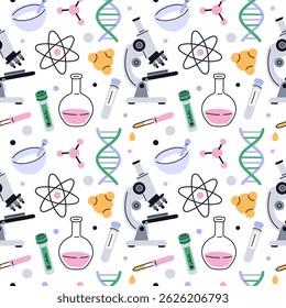 Chemistry tools seamless pattern. Scientific laboratory equipment, repeated test tubes, flasks and microscopes. Textile, wrapping paper, wallpaper. Print for fabric garish vector background