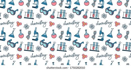 Chemistry tools seamless pattern. Study in school and college. Scientific research vector illustration.