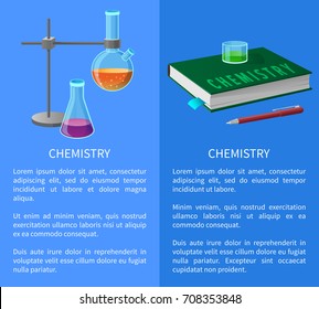 Chemistry tools and textbook isolated vector illustration with text on blue. Erlenmeyer and round-bottomed laboratory flasks with liquid in cartoon style