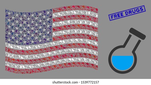 Chemistry tube symbols are combined into American flag abstraction with blue rectangle corroded stamp seal of Free Drugs text.