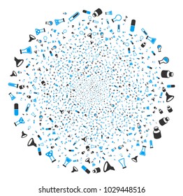 Chemistry Tubes explosion sphere. Object pattern done from random chemistry tubes symbols as explosion cluster. Vector illustration style is flat iconic symbols.