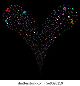 Chemistry Tubes fireworks stream. Vector illustration style is flat bright multicolored iconic symbols on a black background. Object double fountain combined from random design elements.