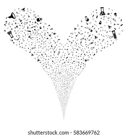 Chemistry Tubes fireworks stream. Vector illustration style is flat black iconic symbols on a white background. Object double fountain created from random pictographs.