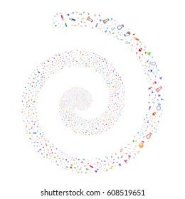 Chemistry Tubes fireworks vortex spiral. Vector illustration style is flat bright multicolored scattered symbols. Object whirlpool combined from random icons.
