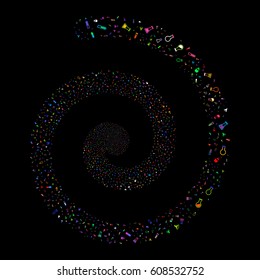 Chemistry Tubes fireworks whirlpool spiral. Vector illustration style is flat bright multicolored scattered symbols. Object whirl combined from random symbols.