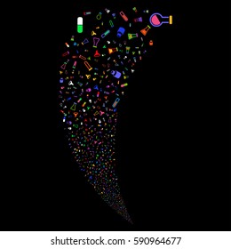 Chemistry Tubes random fireworks stream. Vector illustration style is flat bright multicolored iconic symbols on a black background. Object fountain constructed from scattered pictograms.