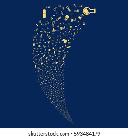 Chemistry Tubes random fireworks stream. Vector illustration style is flat yellow iconic symbols on a blue background. Object fountain organized from scattered pictograms.