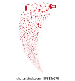 Chemistry Tubes random fireworks stream. Vector illustration style is flat red iconic symbols on a white background. Object fountain made from scattered design elements.