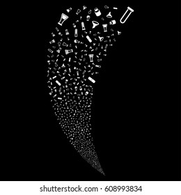 Chemistry Tubes random fireworks stream. Vector illustration style is flat white iconic symbols on a black background. Object fountain created from scattered icons.