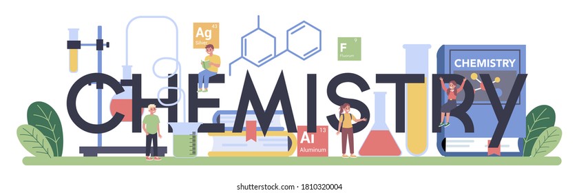 Chemistry typographic header. Chemistry lesson. Scientific experiment in the laboratory with chemical equipment. Isolated vector illustration in flat style - Shutterstock ID 1810320004