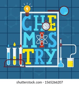 Chemistry typographic poster, vector illustration. Colorful letters in frame, science icons and symbols, laboratory glassware with liquids. Chemistry book cover for children about scientific research