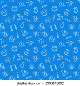 Chemistry vector blue concept seamless pattern with white outline chemical icons