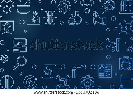 Chemistry vector blue horizontal outline illustration or frame on dark background