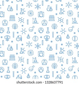 Chemistry vector concept seamless pattern with chemical blue icons in thin line style