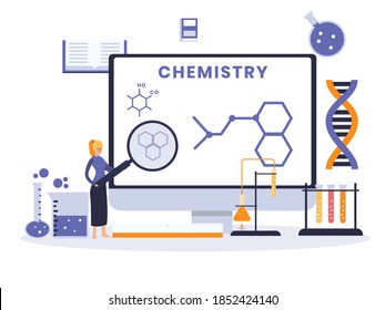 Chemistry vector concept: Woman using magnifying glass to see structure molecule on the computer
