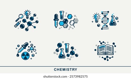 Chemistry vector detailed icons set, science theme, laboratory flasks and microscopic molecules, pharmacology and biochemistry.