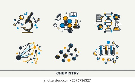 Chemistry vector detailed icons set, pharmacology and biochemistry science, molecules and flasks laboratory experiment.