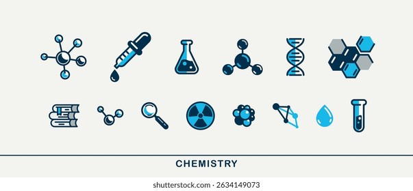Chemistry vector detailed icons set, pharmacology and biochemistry science, molecules and flasks laboratory experiment.