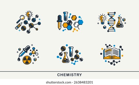 Chemistry vector detailed icons set, science theme, laboratory flasks and microscopic molecules, pharmacology and biochemistry.