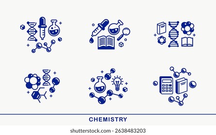 Chemistry vector detailed icons set, science theme, laboratory flasks and microscopic molecules, pharmacology and biochemistry.